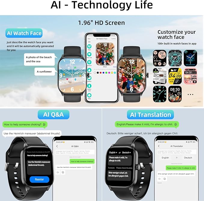 Smart Watch with Built-in GPS, 1.96" HD Display, Answer/Make Calls, 100+ Sport Modes, Heart Rate/Sleep/SpO2 Monitor, Fitness Activity Tracker for Android and iPhone, for women men (Black, 1.96")