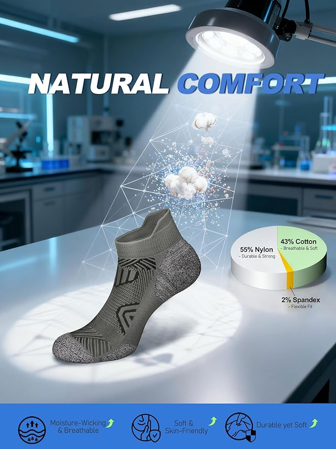 Cushioned Cotton Ankle Compression Socks for Men Women 6 Pairs Wicking Low Cut Arch Support Plantar Fasciitis Socks