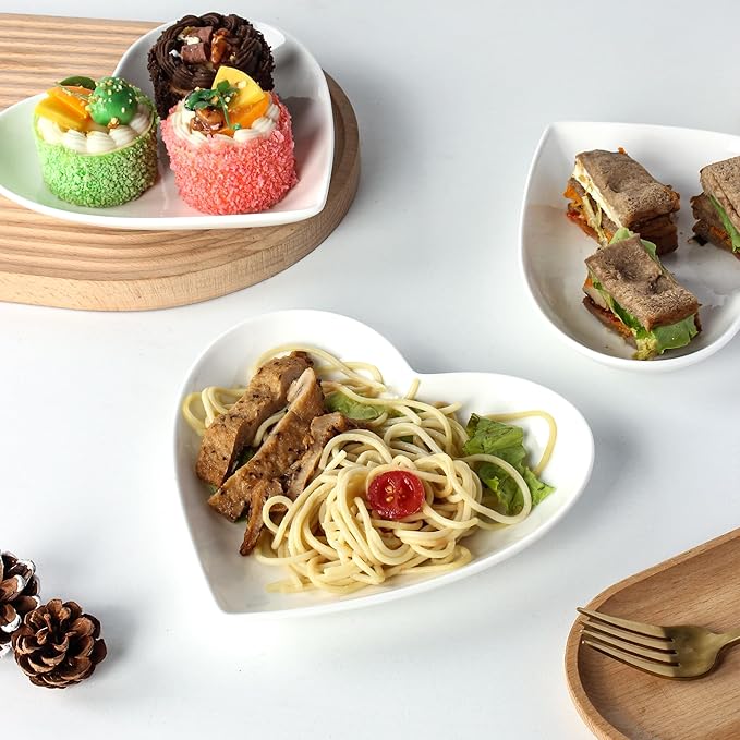 10 Pack Ceramic Appetizer & Dessert Plates, 7.5 Inch White Heart Shape Plates for Elegant Dessert Display, Lightweight Small Lunch Plate, Oven, Dishwasher & Microwave Safe