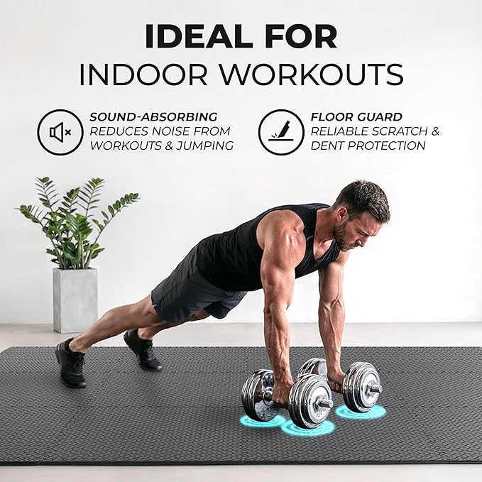 bemaxx Gym Mats Set - 12 pcs EVA Interlocking Foam Floor Tiles (24.4"x24.4"x0.4") 48 sqft Protective Gym Flooring Sports Home Workout Exercise Mats Puzzle Garage Fitness Play-Room Pool Treadmill Bike
