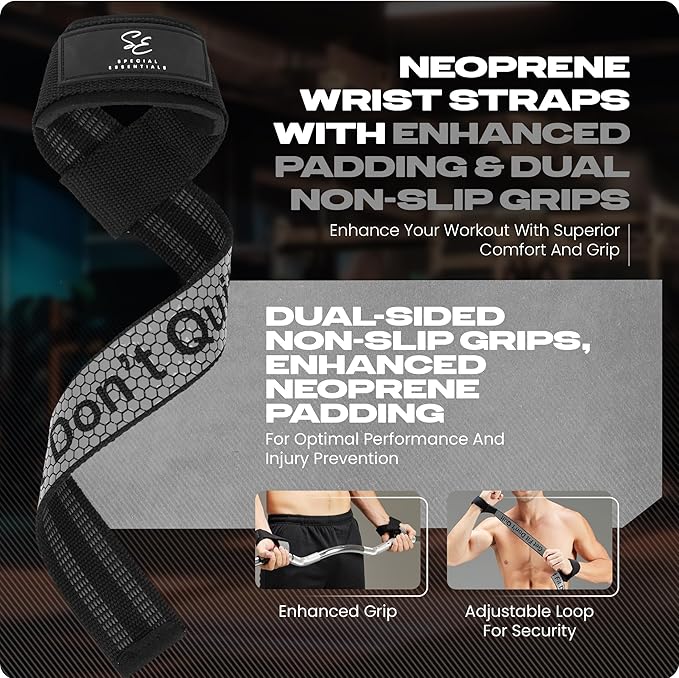 Special Essentials 2 Pack of Wrist Straps for Weightlifting - Two-Sided Anti Slip Silicone Grip & Padded Neoprene - Durable Gym Lifting Straps for Men and Women for Bodybuilding & Powerlifting