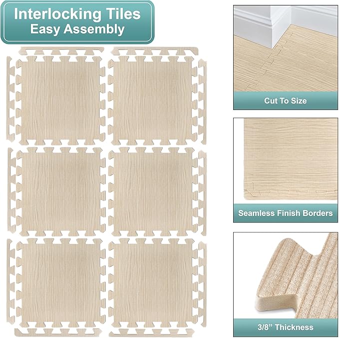 Sorbus Wood Grain Floor Mats Foam Interlocking Mats Each Tile 1 Square Foot 3/8-Inch Thick Flooring Wood Mat Tiles - Home Office Playroom Basement Trade Show (16 Tiles,16 Sq ft - Light Pine)