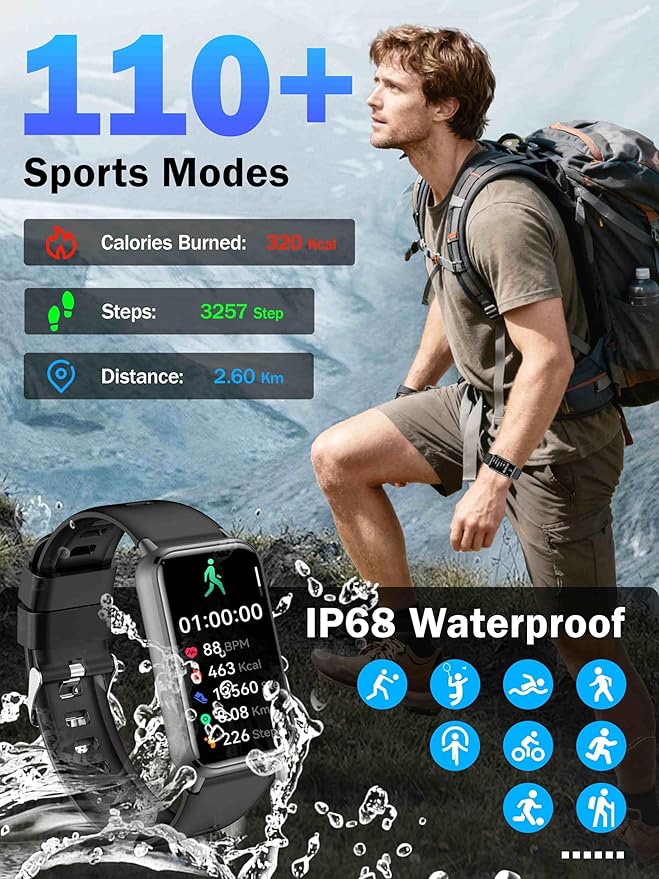 KPEP AMOLED Fitness Watches for Women Men with Stress Blood Oxygen Heart Rate Monitor Sleep Tracking 110+ Sport Modes Fitness Tracker Watch Calorie Counter Step Tracker IP68 Waterproof for Andriod iOS