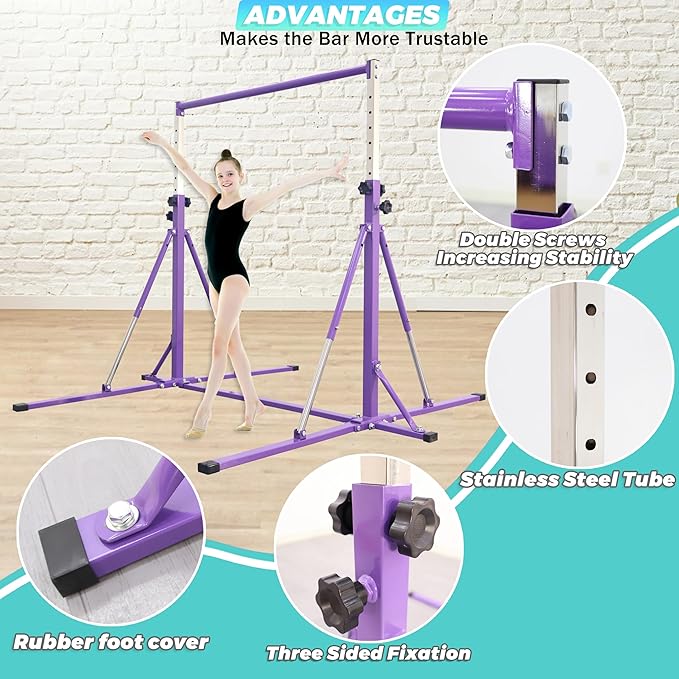 Foldable Gymnastics Bar,5FT Horizontal bar,Adjustable Kids Training bar for Kids Ages 3-15,Kids Gymnastics bar,Triangle Stable Structure-Gym Equipment for Home