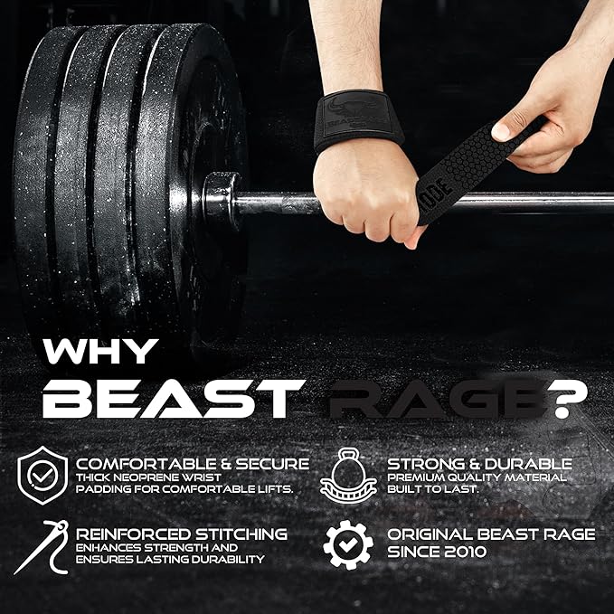 BEAST RAGE Lifting Wrist Straps for Weightlifting, Straps Gym Grip Power Workouts Lifting Straps Padded Cotton Men Women Wrap Lift, Deadlift Bodybuilding Weight Lifting Exercise Straps