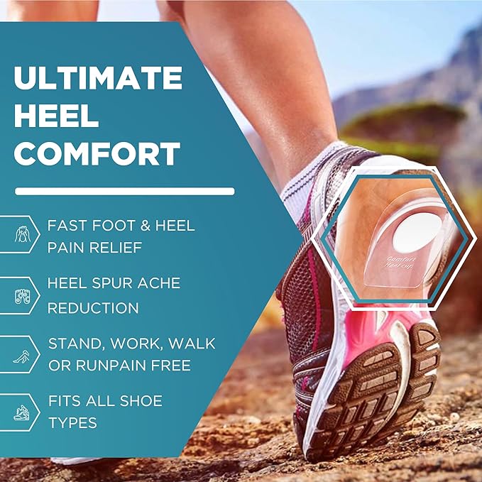 Heel Cups for Achilles Tendonitis & Plantar Fasciitis - 2 Pack Gel Shoe Inserts for Heel Pain Relief, Arch Support, for Women & Men