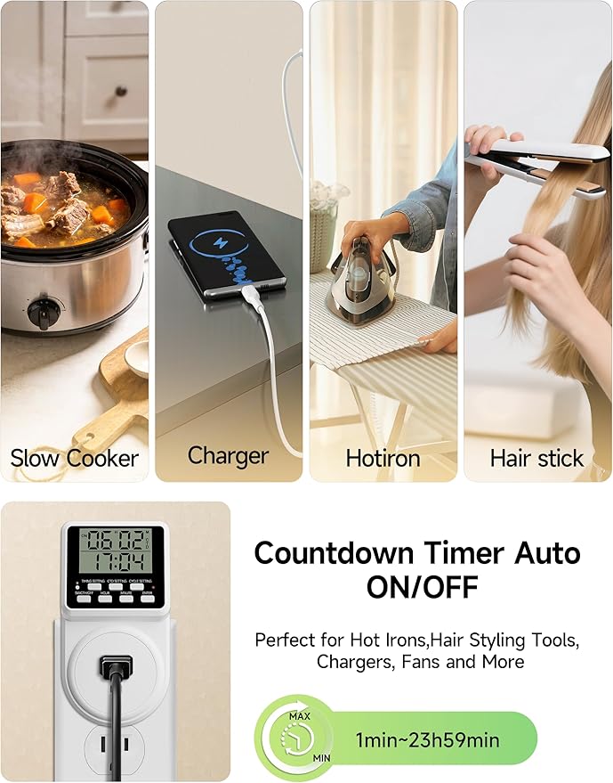 Techbee Digital Infinite Repeat Cycle Intermittent Timer Plug for Electrical Outlet, 24 Hour Programmable Indoor Timed Power Switch with Countdown Delay On and Off (120V, 15A), 1 pack
