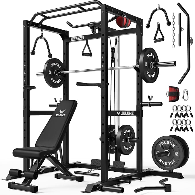 JELENS S21 Power Cage, Multi-Function Power Rack with Adjustable Cable Crossover System, 2000LBS Squat Rack for Home Gym with More Training Attachments