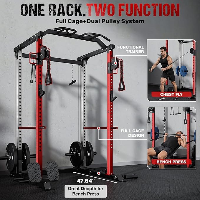 DP01 Power Cage, 2000LBS Squat Rack with with Cable Crossover and Dual Independent Pulley System, Full Cage for Full Body Training, Power Rack with More Training Attachments for Home Gym