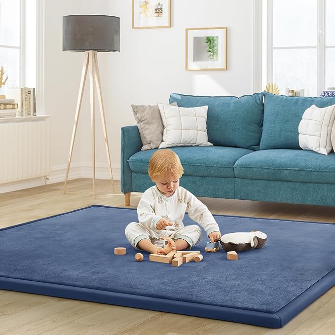 Baby Play Mat for Floor Nursery Rug Muscle Mat Area Rug Playroom Rug 79"x138" Playpen Mat Memory Foam 1.3" Thick Crawling Mat for Babies,Toddlers, Infants, Kids,Sapphire Blue