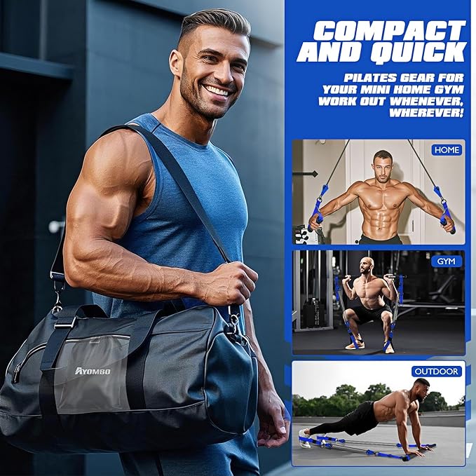 Pilates Equipment, Heavy Duty Pilates Bar Kit with Resistance Bands, Portable Gym Adjustable Exercise Bands, Home Squat Training, Arm, Abs, Waist, Chest Strength Workout Equipment for Men