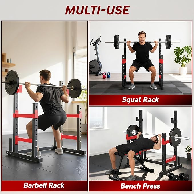 Soozier Adjustable Squat Rack, Multi-Functional Bench Press Rack, Heavy Duty Barbell Stand with Weight Plate Holders for Weight Lifting and Home Gym Strength Training, 660lbs Max Load