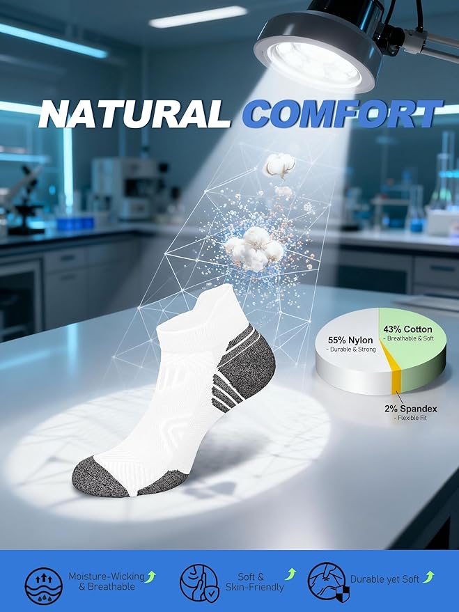 Cushioned Cotton Ankle Compression Socks for Men Women 6 Pairs Wicking Low Cut Arch Support Plantar Fasciitis Socks
