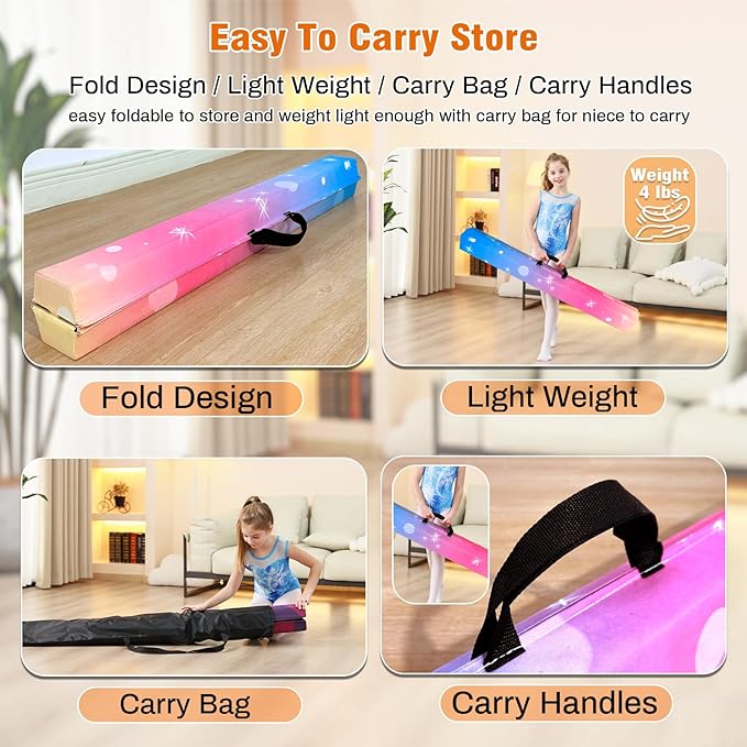 MARFULA 6 FT / 8 FT / 9 FT Folding Gymnastics Beam Foam Balance Floor Beam - Extra Firm - Suede Cover - Anti Slip Bottom with Carry Bag for Kids/Adults Home Use