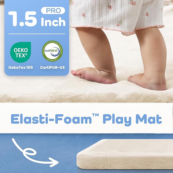 1.5" Thick Baby Play Mat for Floor Tummy Time, Large Pro Soft Foam Activity Playmats Playroom, Easy Care with Non-Slip Safe for Infant Toddler Kids Crawling79 x 118" (Beige)