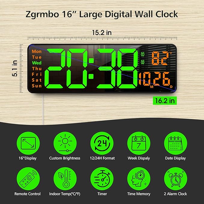 Zgrmbo 16" Digital Wall Clock with Remote Control, Large Digital Clock with Date, Week, Temperature, Alarm, Timer, Electric Wall Clock for Living Room, Bedroom, Decor, Gift for Elderly