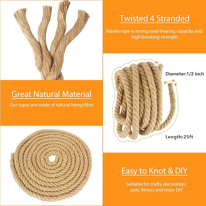 DEDU Hemp Rope 1/2 Inch X 25 Ft, Natural Manila Rope Twisted 4 Strand, Thick for Crafts Heavy Duty Multipurpose for Swing Bed, Camping, Docks, DIY Projects.
