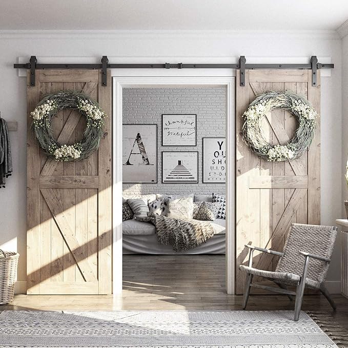 SMARTSTANDARD 10FT Double Barn Door Hardware Kit, Sliding Door Track-Smoothly and Quietly -Includes Detailed Installation Fit 30" Wide Door Panel(J Shape Hanger) Black