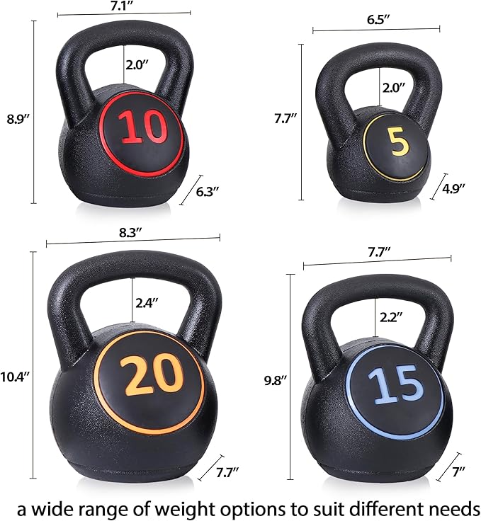 4-Piece Kettlebells Weights Set, Wide Grip Strength Training Soft Kettlebell, Exercise Fitness Concrete Weight, Full Body HIIT Workout, Weights for Women at Home 5 lbs 10 lbs 15 lbs and 20 lbs lb Dumbbells