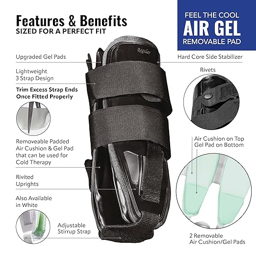AnklePro Air Cushion Stirrup Ankle Stabilizer Brace - Removable Cold Therapy 3-Strap Rigid Stirrup Ankle Splint w/Gel Pad for Women & Men - Lateral Support for Stability, Black, Trainer