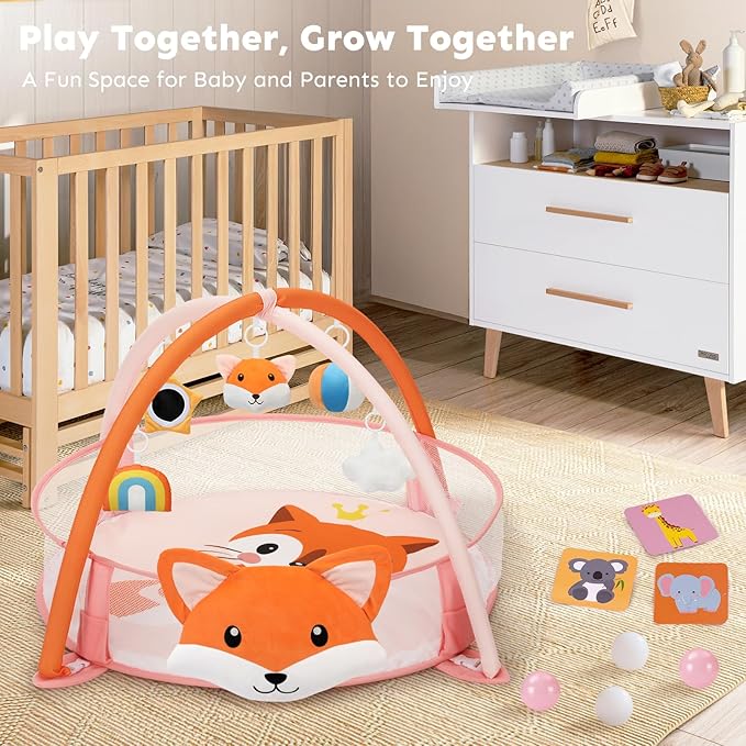 7-in-1 XL Large Baby Play Gym Mat, Tummy Time Mat, Baby Gym & Ball Pit, Baby Activity Mat with Milestone Cards & 6 Detachable Toys for Sensory Motor Skill, Fox