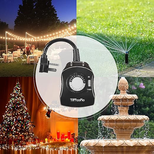 TiFFCOFiO Outdoor Timer Outlet for Lights, 24 Hour Mechanical, Outdoor Light Timer Waterproof, 2 Grounded Outlets for Home and Garden, 15A 1/2HP, Heavy Duty, CSA Listed (4 Pack)
