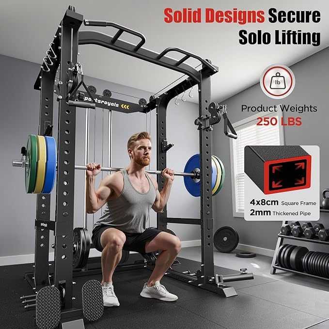 Sportsroyals Squat Rack, LAT Power Cage, Power Rack Multi-Function with Pulley System and Training Attachments for Home Gym