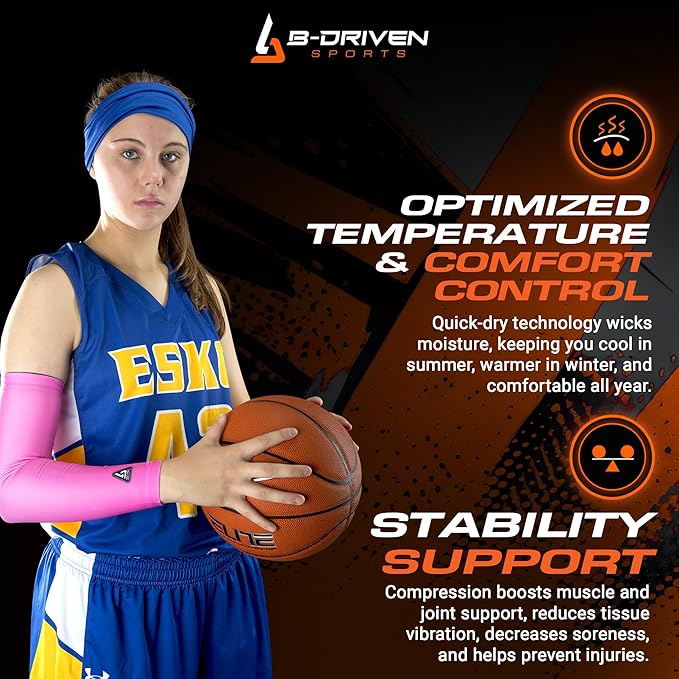 B-Driven Sports Pro-Fit Compression Arm Sleeve for Men, Women & Youth, Volleyball Baseball Basketball Weightlifting - Single