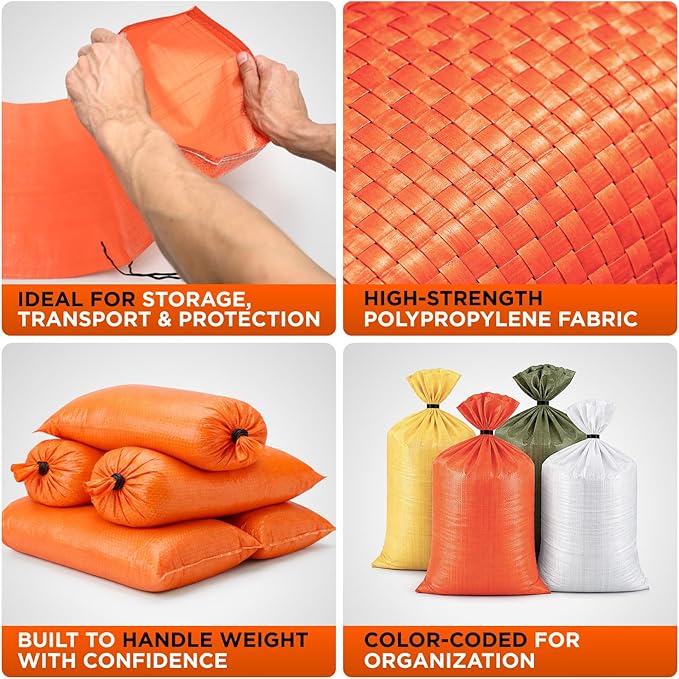 Heavy Duty Sand Bags Pack of 5, Bright Orange Empty Sandbags with Built-In Ties, Woven Polypropylene UV Protection 1600 Hours, Fillable Bags for Flood Control, Weight, 18x30 inches, 75 Pounds Volume
