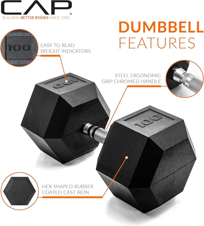 CAP Barbell Coated Hex Dumbbell Weight - Single | 10-120 lbs | Multiple Options