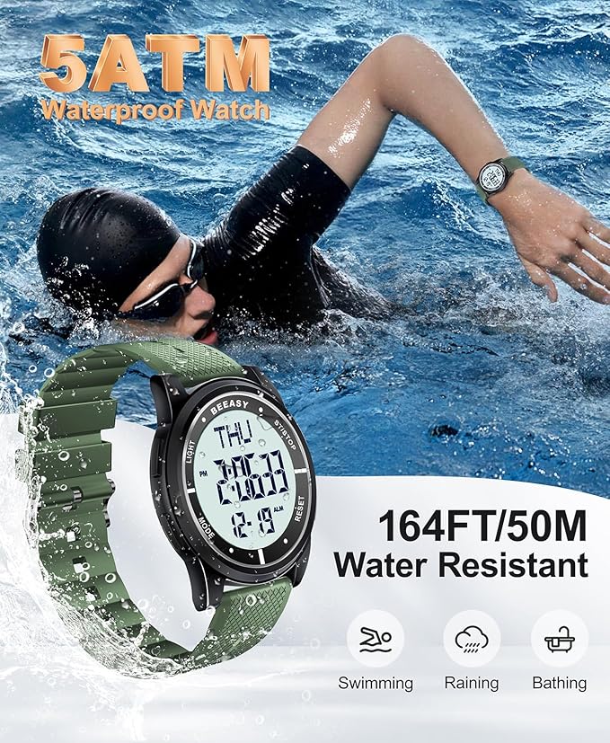 Beeasy Digital Watch for Men Women, 50M Waterproof, Ultra-Thin & Lightweight, 44mm Silicone Sports Watch with Alarm, Stopwatch, Countdown, Ideal for Gym, Running, School, Daily Wear