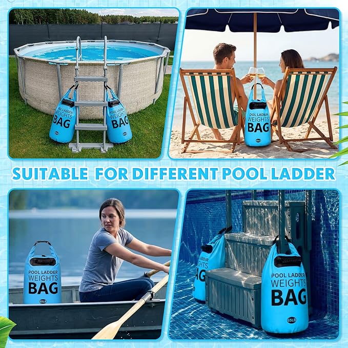 Soulchen 2 Pack 30L/65LB Heavy Duty Pool Ladder Weights, 500D PVC Waterproof Foldable Sandbags for Above Ground Pool Step Sand Bags, Fillable Stair Weight Anchor Bag (Lake Blue)