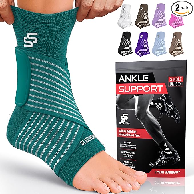 Sleeve Stars Ankle Brace for Women & Men, Ankle Wrap for Sprain, Compression Sleeve for Plantar Fasciitis Relief, Easy Customizable Support: w/ Removable Strap (Pair/M:10"-12"/Turquoise)