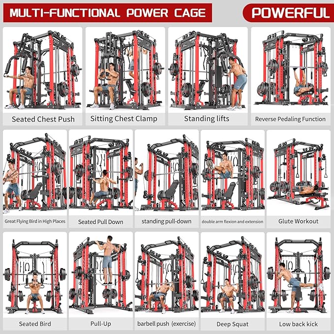 Multi-Purpose Squat Rack,Smith Machine Weight Rack Set with Cable Crossover System, Home Gym Power Racks, Power Racks and Packages