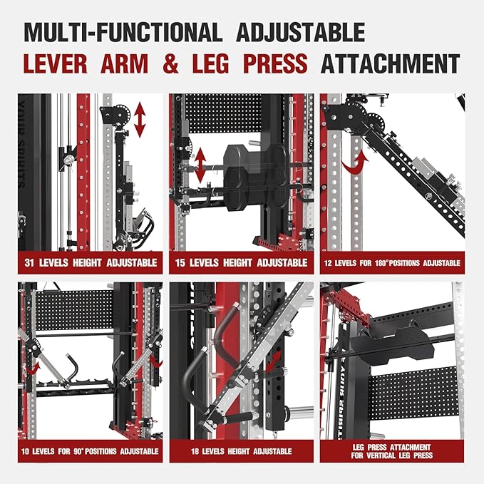 Commercial Smithe Machine with Dual Weight Stacks, Power Cage Squat Rack with Lever Arm & Leg Press Attachment, Multi-Function Linear Bearing Cable Crossover Machine for Home Gym