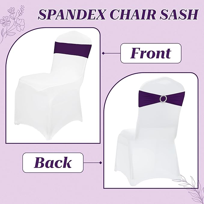 VDS - Purple | Spandex Chair Sashes Bows | 300 PCS | Stretch Elastic Banquet Universal Folding Chair Band Tie with Silver Buckle Slider for Wedding Party Conference Celebration Event Decoration