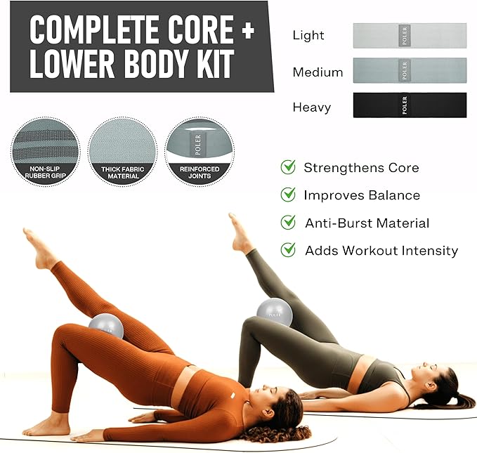 Poler Fit Kit: Fabric Resistance Bands Kit with 3 Levels (Light, Medium, Heavy) + 9″ Pilates Ball for Home Workouts – Exercise Bands Set for Strength Training, Pilates, Yoga, Glutes, Legs & Full Body