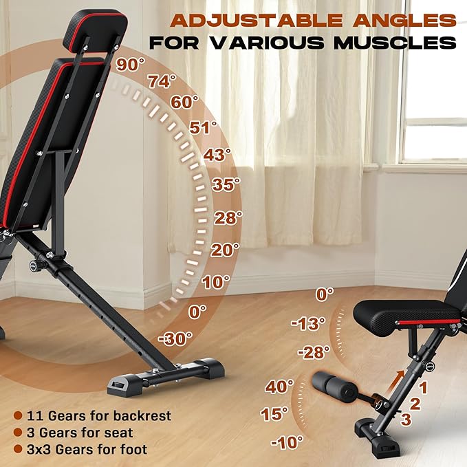Weight Bench, 880lbs Capacity Adjustable Workout Bench with Headrest for Bench Press, Fast Folding Incline Decline Flat Bench for Home Gym