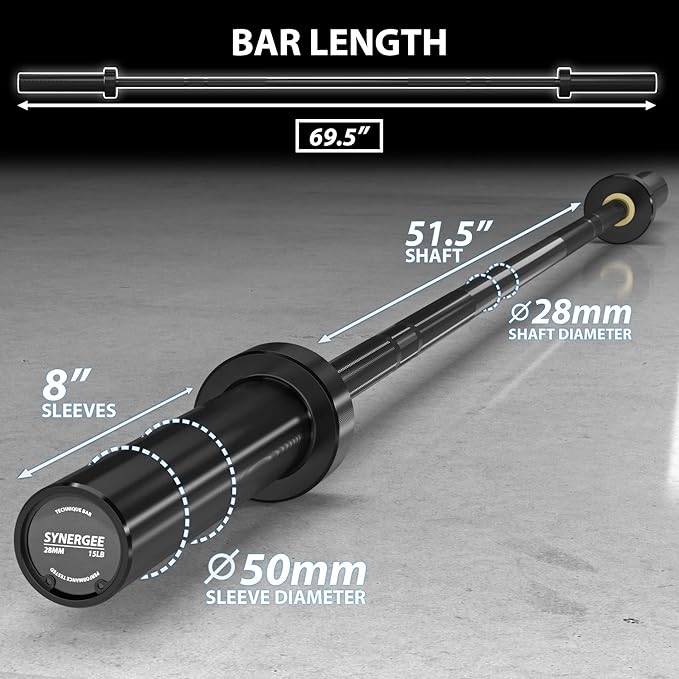 Synergee 15lb Technique Barbell Aluminum Bar for Form & Technique Training for Power & Olympic Lifting.