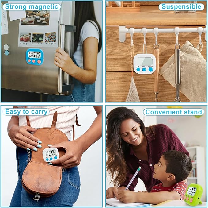 6 Pack Digital Kitchen Timer Multi-Function Magnetic Timers Classroom Timer for Kids Loud Alarm Big LCD Display Electronic Timers for Cooking, Classroom, Exercise, Study, Meeting(Blue, Green, White)