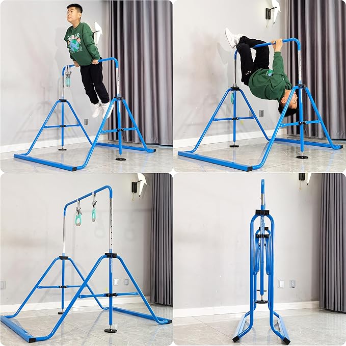 PreGymnastic Folding Gymnastics Bar with Rings, Foldable Kip Bar with Sturdier Base, Training Bar for Kids Ages 3-10, Horizontal Bar, Home Gym Equipment for Boy Girl