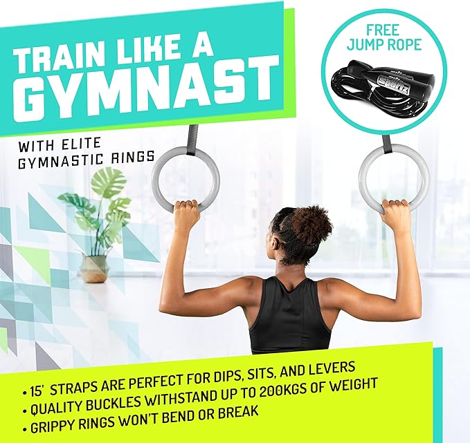 Elite Sportz Gymnastic Rings - Exercise Ring Set for Total Body Strength Training & Pull Ups w/Secure Buckles & Straps - 2 Non Slip Olympic Rings, Indoor Workout Equipment for Kids & Adults