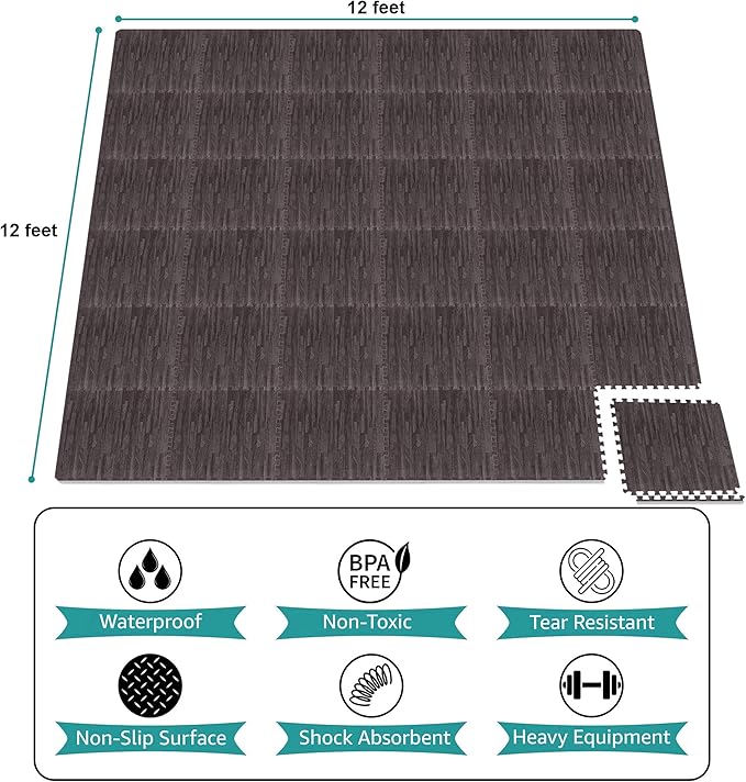 Sorbus Wood Grain Floor Tiles Foam Mat EVA Interlocking Mats Tile 3/8-Inch Thick Flooring Wood Puzzle Exercise Mats w/Borders - Home Playroom Basement, Apartment, Trade Show, Baby, Dance