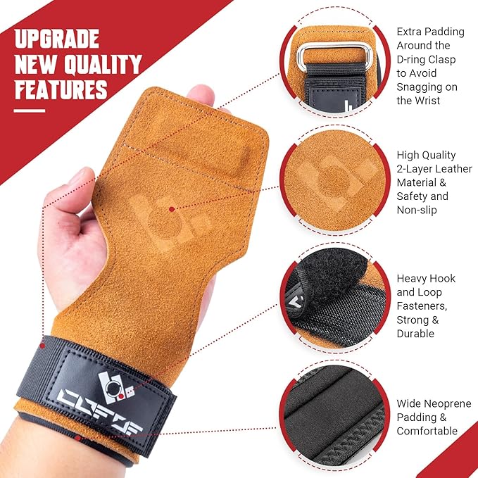 COFOF Weight Lifting Wrist Strap, Double Layer Leather Wrist Strap for Deadlift and Powerlifting, Adjustable Neoprene Padded Gym Workout Lifting Hooks (Pair)