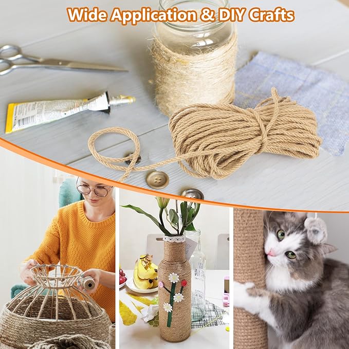 Sisal Rope 1/4 Inch X 1200 FT, Natural Hemp Rope Twine, Twisted 4 Strand Long for Cat Scratcher, Docks, DIY Projects