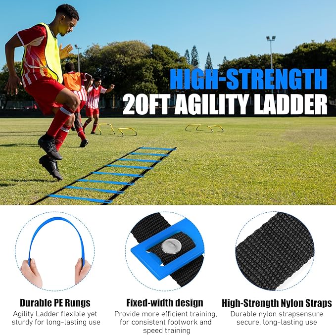 Agility Speed Training Equipment Set, Football Practise Set with 20ft Agility Ladder, 12 Cones, 4 Adjustable Hurdles, Jump Rope, for Basketball, Soccer Training, Football, Kids, Youth, Adults