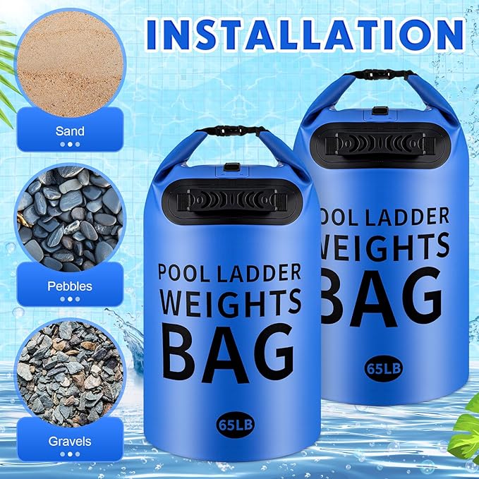 Soulchen 2 Pack 30L/65LB Heavy Duty Pool Ladder Weights, 500D PVC Waterproof Foldable Sandbags for Above Ground Pool Step Sand Bags, Fillable Stair Weight Anchor Bag (Royal Blue)
