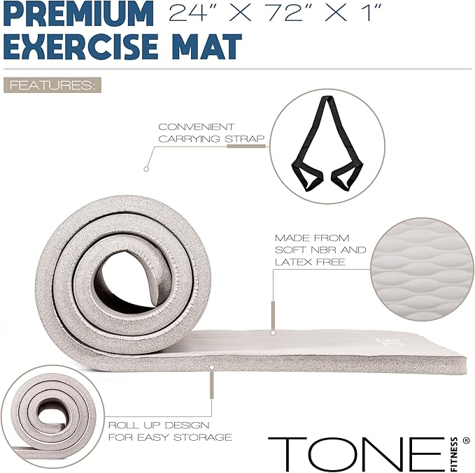 Tone Fitness 1-Inch Thick Yoga Mat | High-Density, Non-slip Exercise Mat with Carrying Strap for Yoga, Pilates, & Home Gym Workouts | Multiple Options