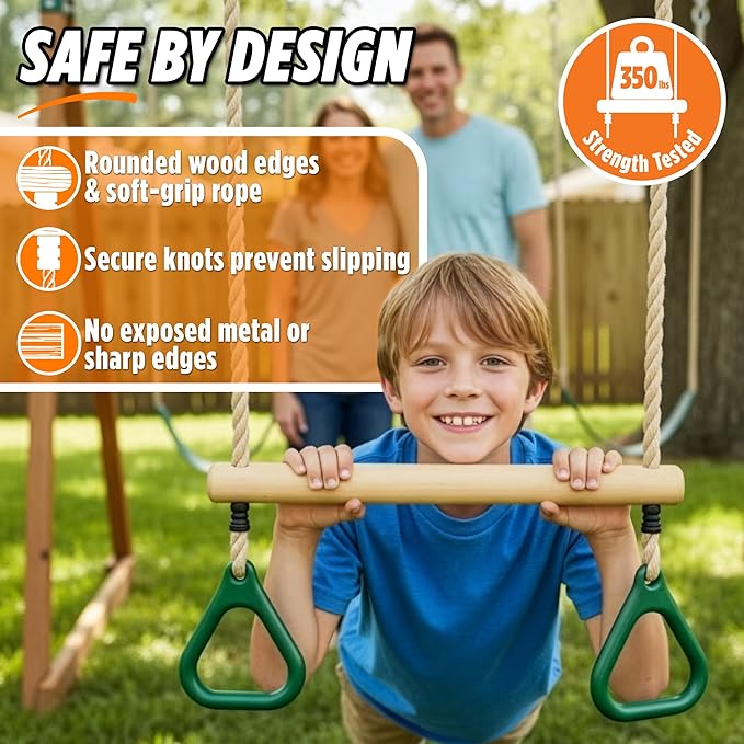 Wooden Trapeze Swing Bar for Kids - 18" Adjustable Height Monkey Bars Rings Swingset Accessories - Ninja Warrior Obstacle Course for Kids - Jungle Gym Accessories Playground Attachments