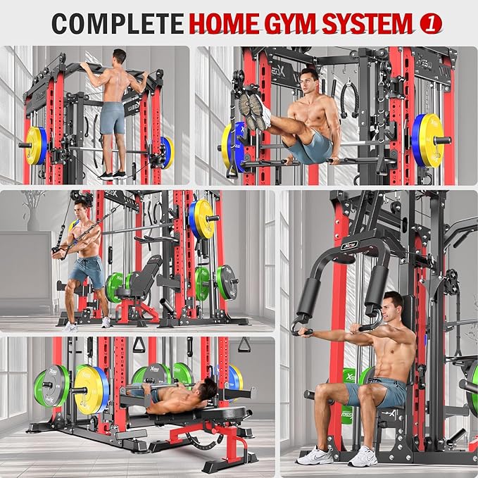Smith Machine with Cable Crossover System, Multi-Function Power Cage Squat Rack for Home Gym, Power Rack and Packages Weight Sets.